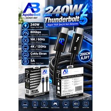 ApolloBell Thunderbolt 5 USB-C Kablo 240W 5A Süper Hızlı Şarj 80Gbps Süper Hızlı Veri Aktarımı 16K 60Hz 4K 120Hz Çoklu Ekran Görüntüleme Siyah 200 cm/6.5 ft CCH21-007