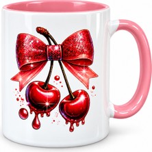 Belirtilmemiş Kiraz ve Fiyonk Desenli Kupa Bardak Pembe Iç ve Kulp Detaylı Hediyelik Kahve Kupası