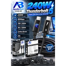 ApolloBell Thunderbolt 5 USB-C Kablo 240W Süper Hızlı Şarj 80Gbps Süper Hızlı Veri Aktarımı 16K 60Hz 4K 120Hz Çoklu Ekran Görüntüleme 5A Siyah 150 cm/5 ft CCH20-007