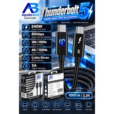 ApolloBell Thunderbolt 5 USB-C Kablo 240W Süper Hızlı Şarj 80Gbps Süper Hızlı Veri Aktarımı 16K 60Hz 4K 120Hz Çoklu Ekran Görüntüleme 5A  Siyah 00 cm/3.3 ft CCH19-007