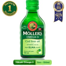 Möller's Omega 3 Elmalı 150 ml; saf morina balığı yağı, IFOS Onaylı, DHA, EPA, A D E vitamini. Çocuklar ve yetişkinler için doğal omega-3 takviyesi.