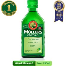 Möller's Omega 3 Elmalı 250 ml; saf morina balığı yağı, IFOS Onaylı, DHA, EPA, A D E vitamini. Çocuklar ve yetişkinler için doğal omega-3 takviyesi.