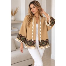 Lima Camel Kadın Etnik Desenli Kimono Ceket Ponpon Detaylı Salaş Kesim Bohem Mevsimlik Ceket