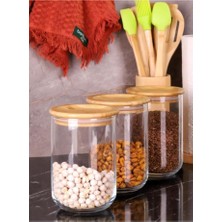 Bambum Duo 900ML 3'lü Saklama Kabı-Bambu Kapaklı Cam Baharatlık