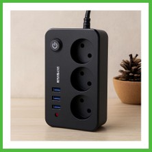 Bezos Anahtarlı Termal Korumalı 3'lü Priz + 3xusb 2.1A 2m Uzatma Kablosu Siyah Arz