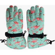 Petityu Su Geçirmez Kız Çocuk Eldiven Mint Pembe Flamingo Desenli Kayak Snowboard Eldiveni 5-10 Yaş