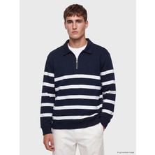 LC Waikiki Lcw Vision Lacivert Polo Yaka Çizgili Erkek Sweatshirt