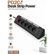 Yussraw Akım Korumalı Priz 5'li Priz 2x-Usb  2x,-Ype-C Çıkışlı Grup Priz Çoğaltıcı