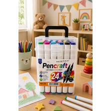 Pencraft Beyaz Şeffaf Kutulu 24’lü Çift Taraflı Marker Kalem Seti Kutulu Keçeli Kalem Seti Profesyonel Marker Boya