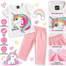 Nnk Exclusive Kız Çocuk Baskılı Ekru Tişört Pembe Pantolon 2'li Takım