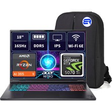 Acer Nitro 18 Aı AN18-61 NH.QYFEY.001EP5 Ryzenaı9 365 RTX5070TI 24GBRAM 1tbssd 18 Wqxga 165Hz Windows 11 Pro + Elektropasaj Çanta