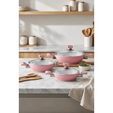 Bonera Seramik Sahan Seti 6 Parça Pembe – 3'lü Seramik Kaplama Sahan 18-20-22 cm Cam Kapaklı
