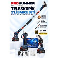 Prohummer PHM011-2M Teleskopik Uzatmalı Profesyonel Akülü Kömürsüz Motor 2li Bahçe Seti - 32MM Dal Budama Makası, 15CM Dal Budama Testeresi ve 2m Uzatma Çubuğu 21V 3AH Çift Batarya