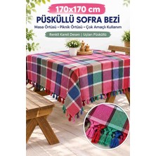 Öztürk Konsept 170X170 cm Püsküllü Sofra Bezi Masa Örtüsü Piknik Örtüsü Renkli Kareli Çok Amaçlı Örtü