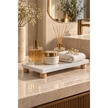 Marbello Beyaz Kuvars Mermer Banyo Organizeri 12X25 cm Ahşap Ayaklı Dekoratif Tepsi