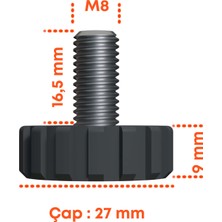 CATEKSSS M8 Ayar Vidası, Tırtıllı Vida, Bingo Ayak, Pingo Ayak Çap: 27 mm Vida Uzunluğu 20 mm Siyah - 5’li Paket