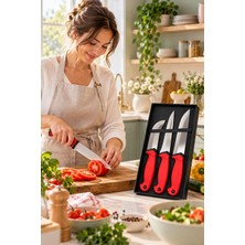 Gato Shop Ergonomik Soft Kaydırmaz Saplı 3'lü Mutfak Bıçak Seti Kırmızı Saplı Paslanmaz Çelik Bıçak Takımı