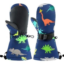 Petityu Su Geçirmez Erkek Çocuk Içi Kürklü Sıcacık Kayak Snowboard Eldiven Lacivert Üstü Renkli Dino 1-3 Yaş