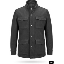 İGS Siyah Regular Fit Standart Kalıp Dik Yaka Balıksırtı Desenli Kapitoneli Mont