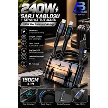 ApolloBell 240W Şarj Kablosu + Seyahat Tutucusu 5A Hızlı Şarj E-Marker Gerçek Zamanlı Güç Göstergeli Ultra Esnek Leke Dayanıklı Silikon Kablo Ice Mavi LED 1,5 Metre Siyah CCH24-007