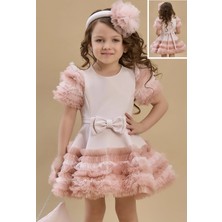Sırrı Kız Çocuk Toz Pembe Tüllü Fırfırlı Abiye Elbise (1-6 Yaş)