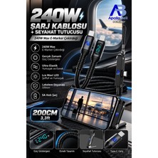 ApolloBell 240W Şarj Kablosu + Seyahat Tutucusu 5A Hızlı Şarj E-Marker Gerçek Zamanlı Güç Göstergeli Ultra Esnek Leke Dayanıklı Silikon Kablo Ice Mavi LED Siyah 200 cm/6.5 ft CCH25-007