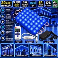 Powerr Led Aydınlatma 20 Adet 12V 6W 6 Lensli 3030 Mavi Smd LED Modül 8A Laptop Adaptör 12A Tek Renk Rf Dimmer Set