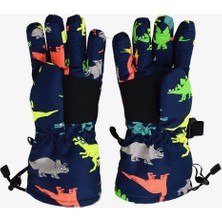Petityu Su Geçirmez Erkek Çocuk Içi Kürklü Sıcacık Kayak Snowboard Eldiven Lacivert Üstü Renkli Dino 5-10 Yaş