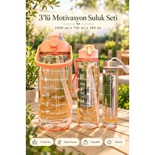 Tilbe Home 3'lü Şeffaf Motivasyonel Matara Seti 2000 ml 750 ml 280 ml, Büyük ve Orta Boy Pipetli Suluk, Silikon Contalı Kapak, Taşıma Askısı ve Sticker ile Spor, Ofis ve Günlük Orange Renkli Su Şişesi