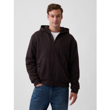 Erkek Kahverengi Relaxed Gap Logo Sherpa Astarlı Fermuarlı Sweatshirt