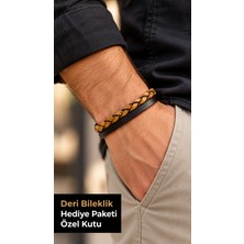 Herşey Nota Drevian Caelor Siyah Taba Deri Erkek Bileklik - Kalın Örgü Detaylı Bant