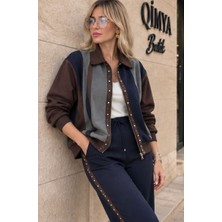 Qimya Butik Keyymod Kadın Süet Parçalı, Taşlı, Renkli Pamuk Ceketli Pantolonlu Alt Üst Ikili Takım