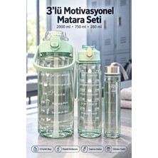 Tilbe Home 3'lü Şeffaf Motivasyonel Matara Seti 2000 ml 750 ml 280 ml, Büyük ve Orta Boy Pipetli Suluk, Silikon Contalı Kapak, Taşıma Askısı ve Sticker ile Spor, Ofis ve Günlük Yeşil Renkli Su Şişesi