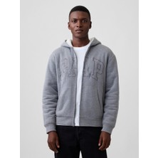 Erkek Gri Relaxed Gap Logo Sherpa Astarlı Fermuarlı Sweatshirt