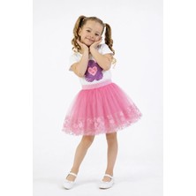 Nats Kids Kız Çocuk Pembe Tüllü Etek ve Pullu Çiçek Işlemeli Tişört Takımı