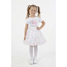 Nats Kids Kız Çocuk Unicorn Payetli Beyaz Tişört Renkli Puantiyeli Tül Etek 2'li Takım Doğum Günü Parti Kombini