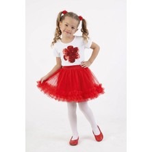 Nats Kids Kız Çocuk Kırmızı Kalp Payetli Tişört Tül Etek Takımı Beyaz Kırmızı Yazlık 2'li Takım