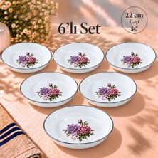 6 Lı Set Emaye Muhallebi Tabak 22 cm Desenli Yemek Kahvaltı Tabak Desenli Salata Cips Tabak Kase