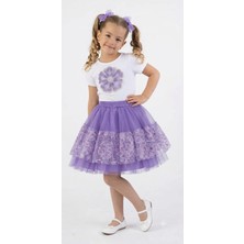 Nats Kids Kız Çocuk Lila Prenses Takım Taş Işlemeli Çiçek Baskılı Tişört ve Kat Kat Tül Etek