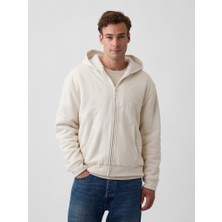 Erkek Krem Relaxed Gap Logo Sherpa Astarlı Fermuarlı Sweatshirt