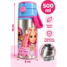 Barbie 500 ml Kız Çocuk Matara – Çelik Gövdeli Pipetli Suluk, Tek Tuş Açılır Kapak, Askılı, Isim Yazma Alanlı