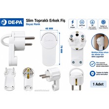 Depa Slim Topraklı Erkek Fiş Beyaz L Tip Fiş Plastik 220 Volt (Mobilya ve Dolap Arkası Dar Yerler Için)