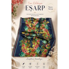 East West Trading Polyester Katkılı Twill Kumaş Şerit Detaylı Çiçek Desenli Kare Eşarp 96 x 96,5 cm Lacivert Kadın Eşarp