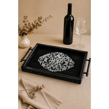 East West Trading El Yapımı Ahşap Sunum Tepsisi - Siyah Motifli Dekoratif Kahve ve Servis Tepsisi 46X29,5 cm