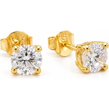 Afrodit Silver 925 Ayar Gümüş 5 mm Zirkon Taşlı Sarı Gold Kaplama Kadın Küpe