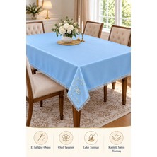 East West Trading Mavi Iğne Oyalı El Işi Saten Masa Örtüsü 85X85 cm Leke Tutmaz Kare Masa Örtüsü