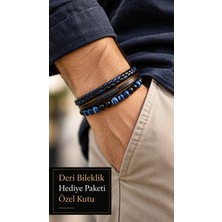 Herşey Nota Tovia Drasen Mavi Siyah Boncuklu Deri Erkek Bileklik - Çoklu Katmanlı