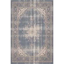 Rugzella Vintage Eskitme Madalyon Desenli Gri Mavi Krem Lacivert Salon Yıkanabilir Halı