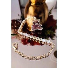 Gy Atelier Isimli Beyaz Taşlı Gold Ayı Klips Bebek Emzik Zinciri