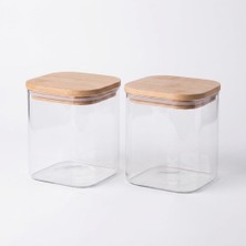 Gy Atelier 2 Adet 600 ml Sızdırmaz Vakumlu Bambu Kapaklı Borosilikat Cam Kavanoz, Hava Geçirmez Contalı Kare Kuru Gıda Saklama Kabı, 10 × 10 cm